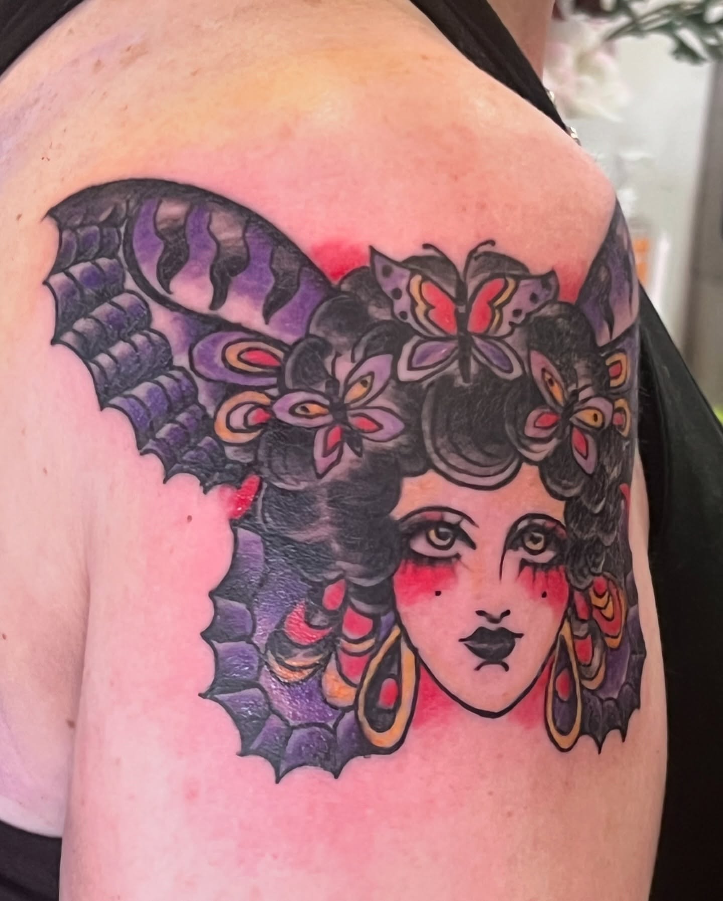 Woman with butterfly wings American traditional tattoo on the shoulder by πππππ°ππππ πΏπππππ