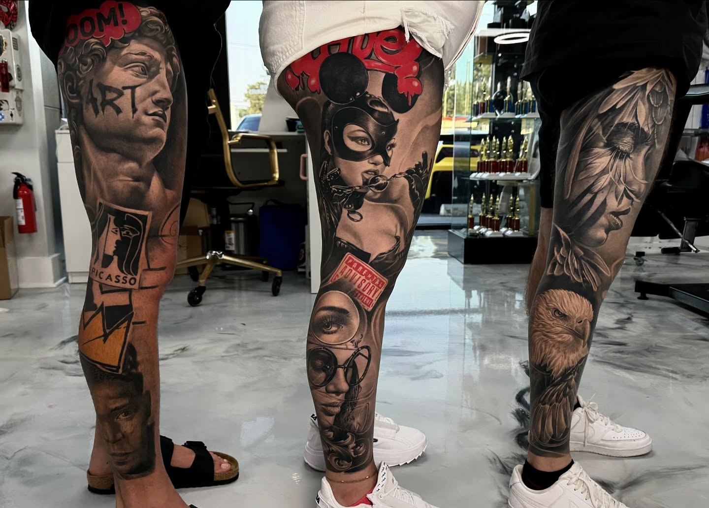 Portrait and comic book characters realism tattoo on the leg by π¨π»βπ¨Ever luis Rivero π¨π»βπ¨