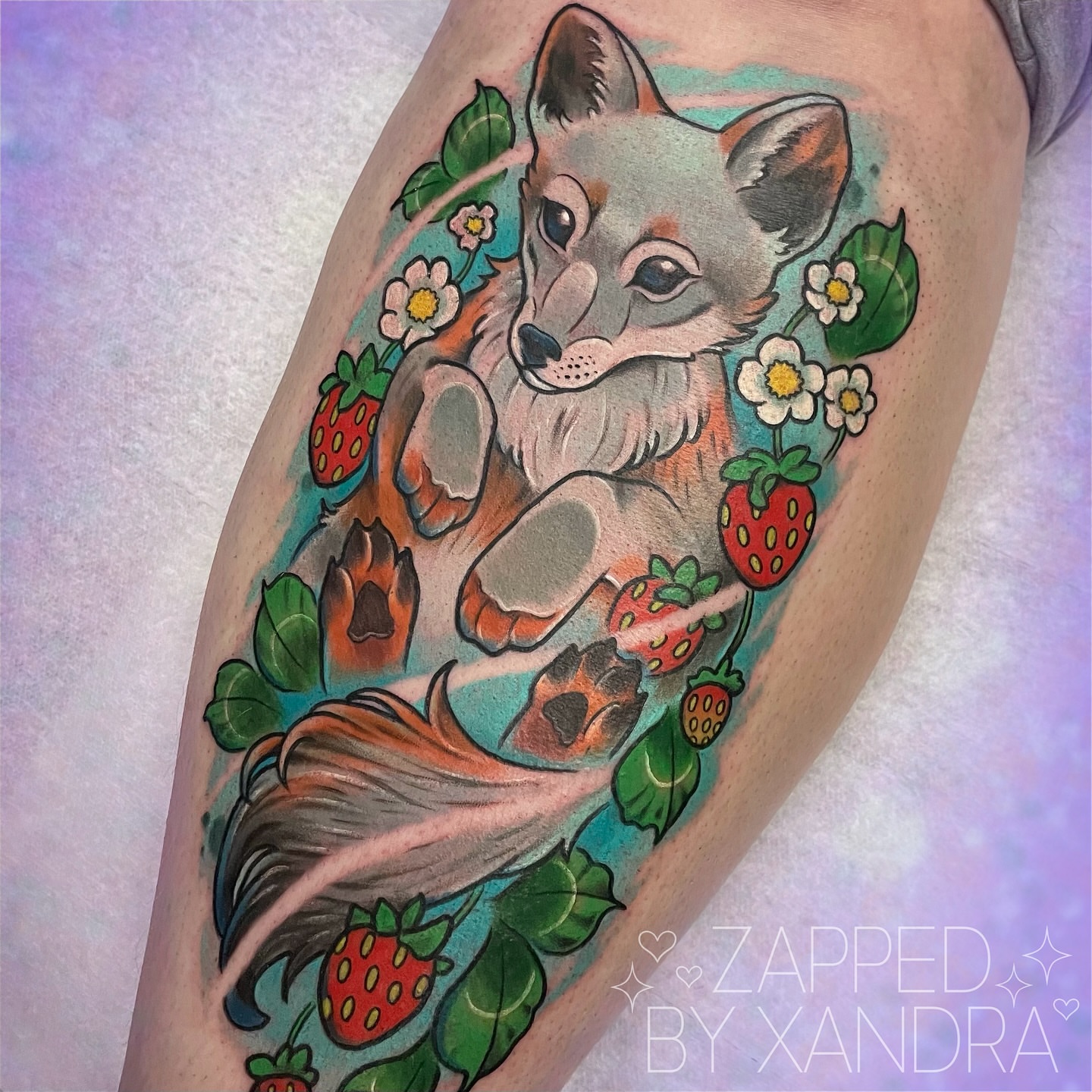 Fox and strawberries American traditional tattoo on the thigh by ๐๐ข๐ฏ๐ฅ๐ณ๐ข