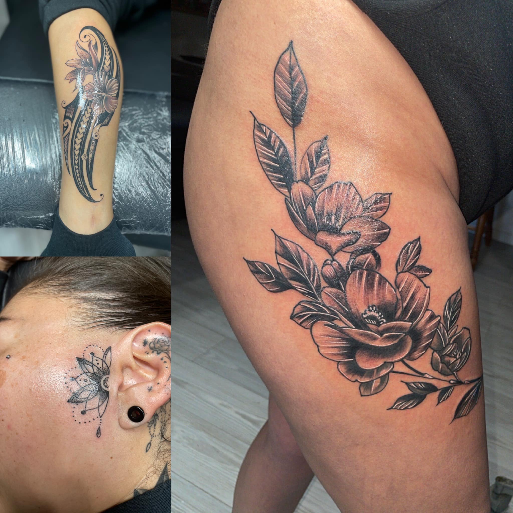Floral bouquet black and grey tattoo on the thigh by Bryant Ramirez