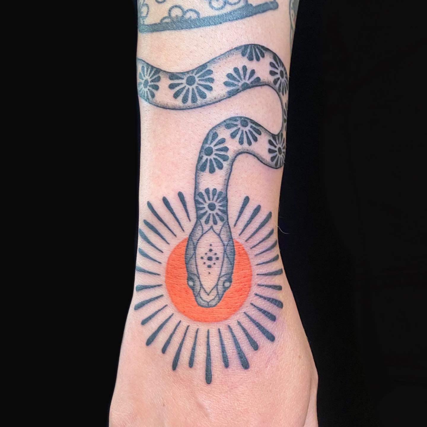 Snake geometric tattoo on the forearm by Krista - Tattoo Artist