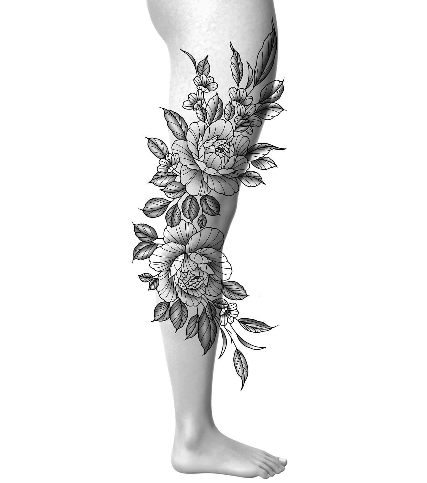 Floral bouquet black and grey tattoo on the calf by Bryan Black