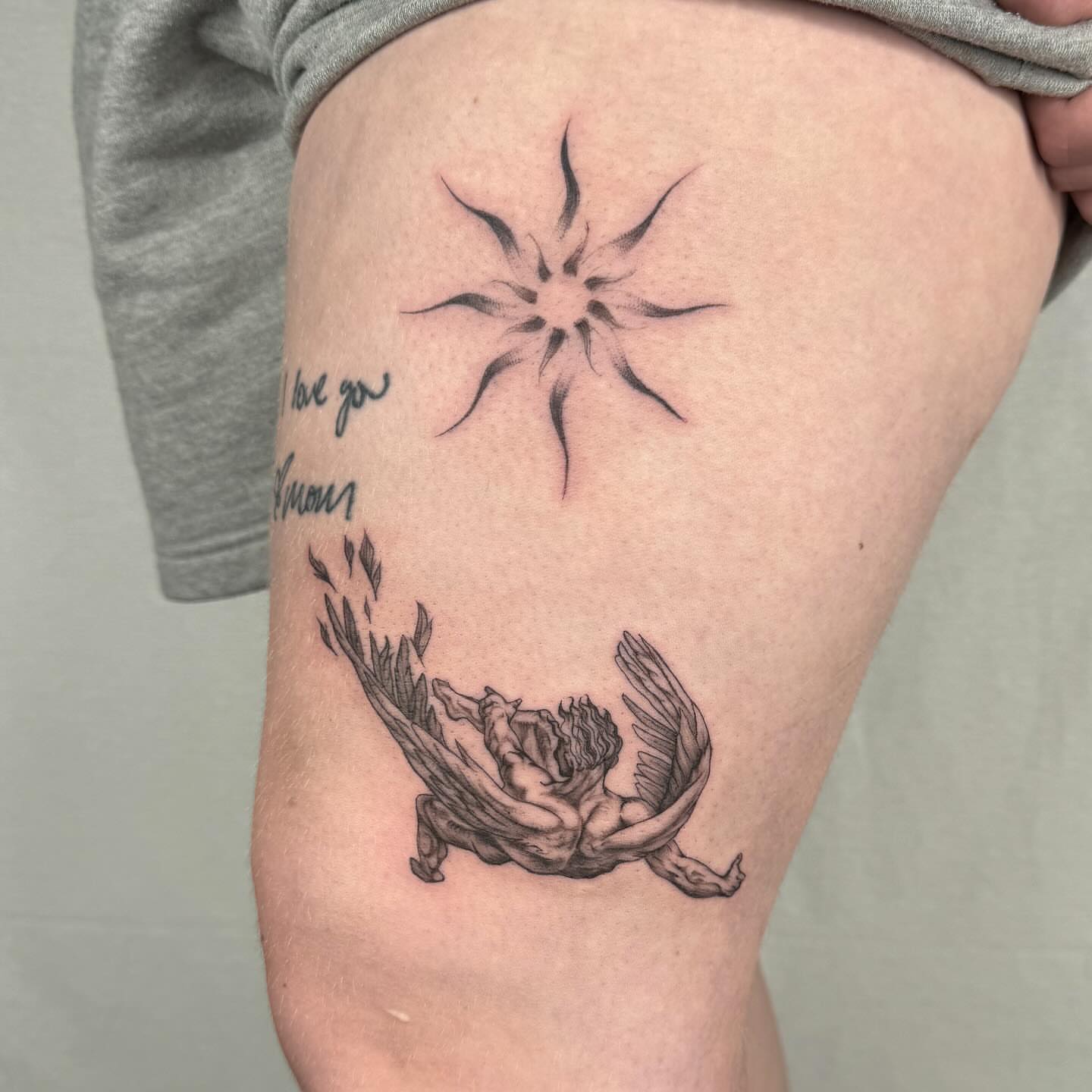 Angel with wings realism tattoo on the thigh by RyAnn Lynn