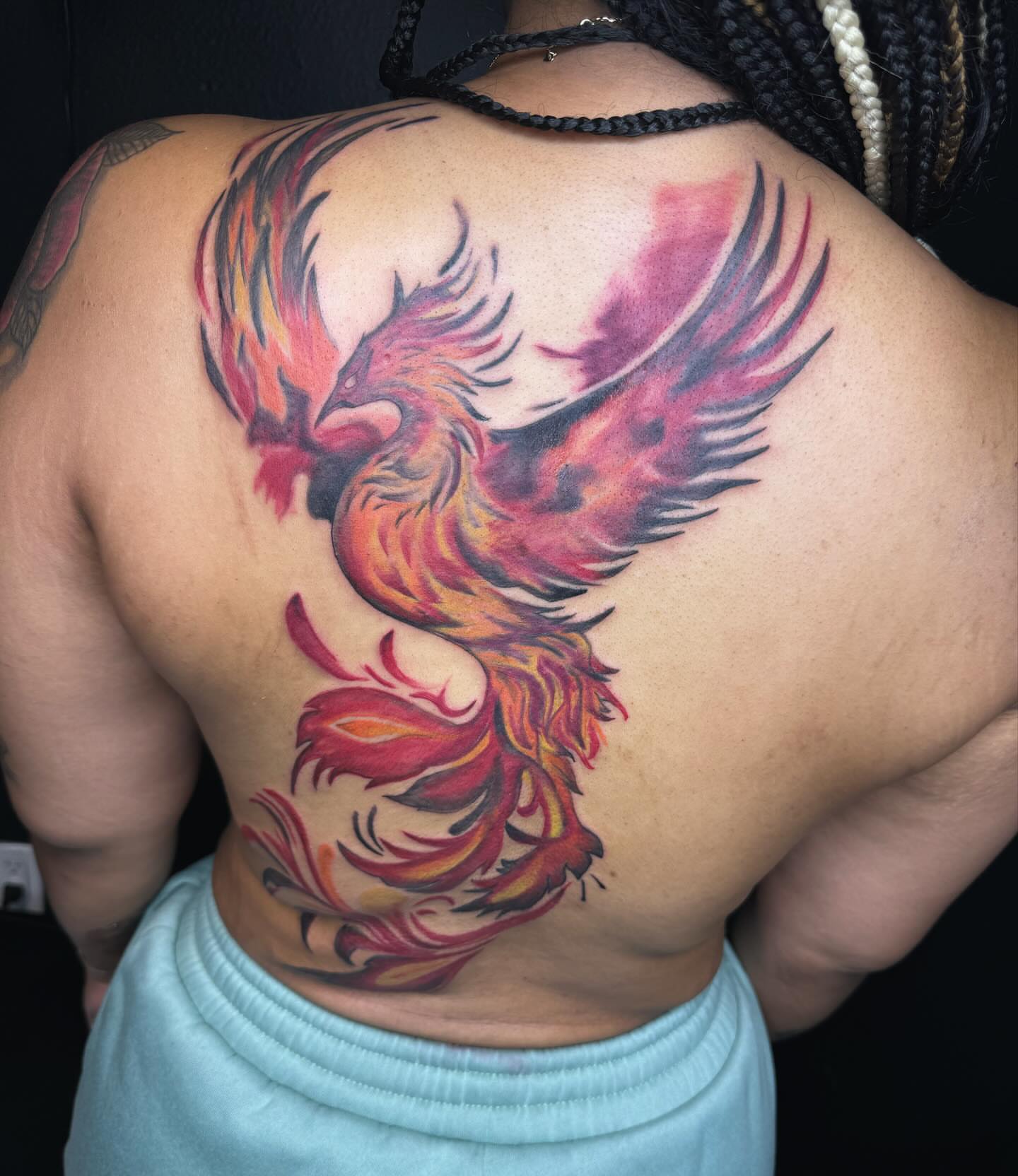 Phoenix new school tattoo on the back by Anthony Pichardo 🦇