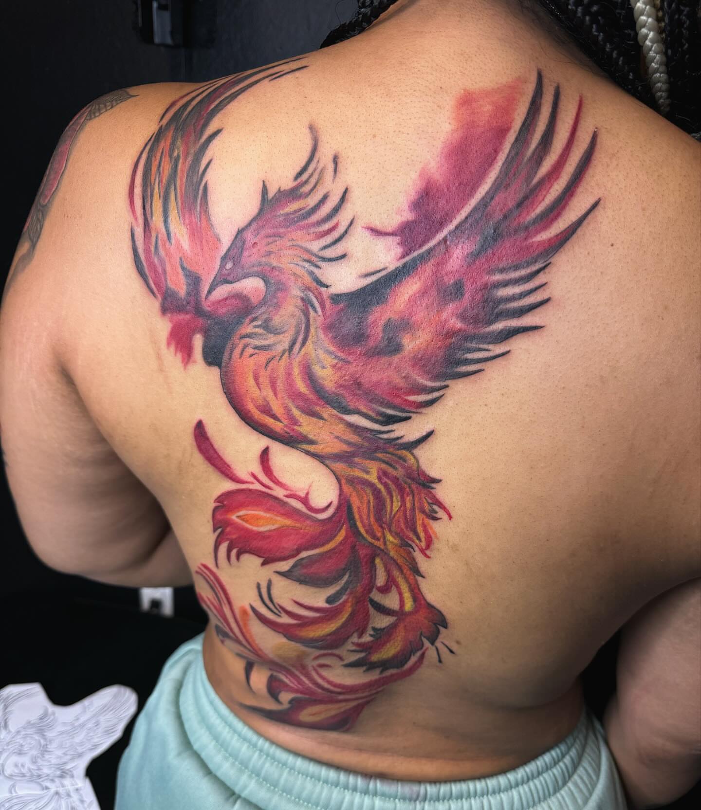 Phoenix new school tattoo on the back by Anthony Pichardo 🦇