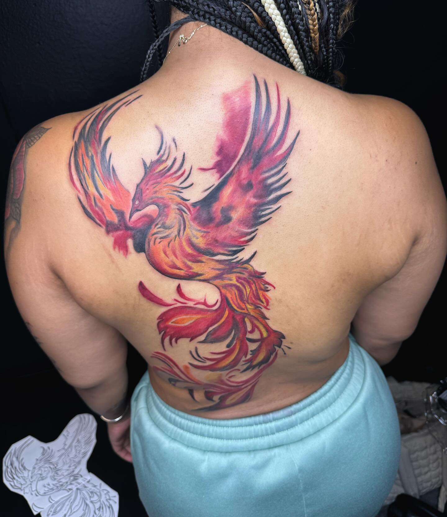 Phoenix new school tattoo on the back by Anthony Pichardo 🦇