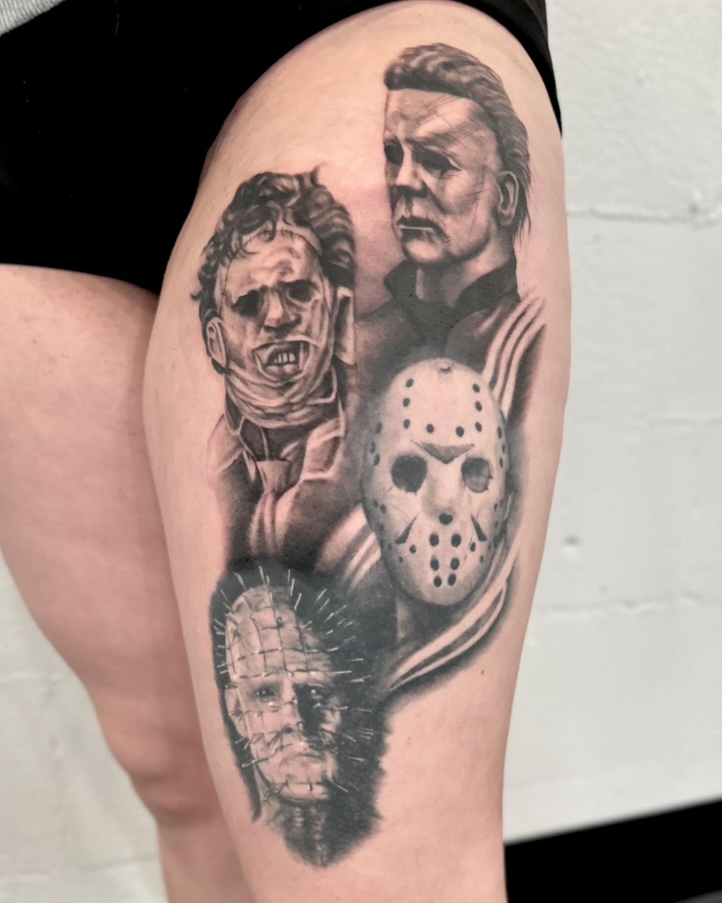 Horror movie villains realism tattoo on the thigh by Drew Foster, Toledo, Ohio
