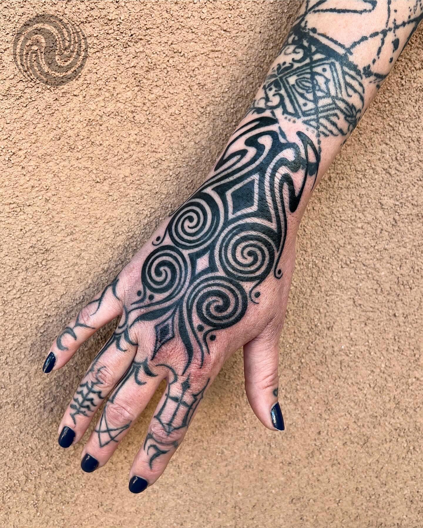 Spirals and geometric patterns tribal tattoo on the hand by 👽 Kat 👽, San Francisco, California