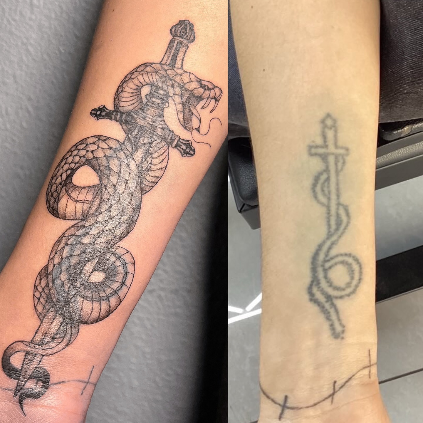 Snake and dagger black and grey tattoo on the forearm by Júlia Sorrino