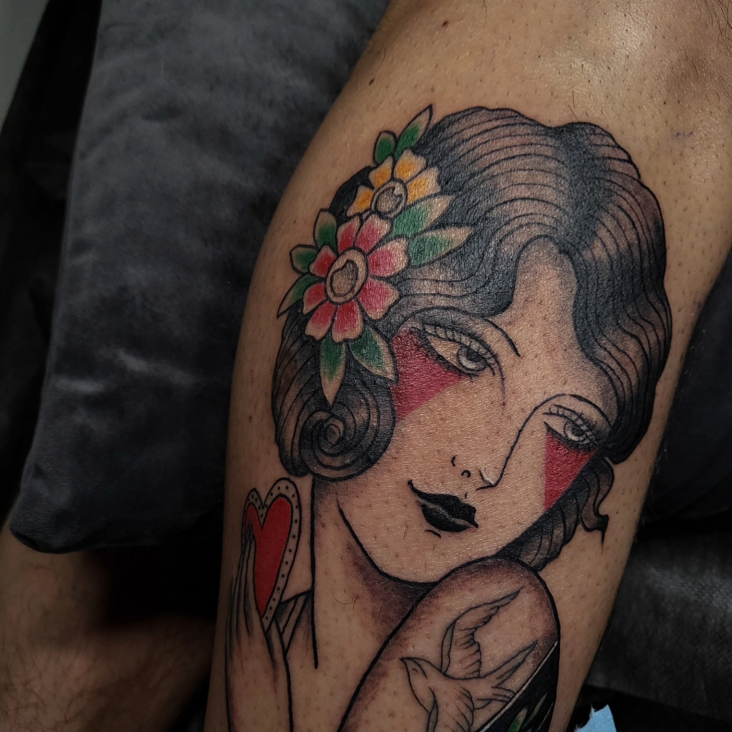 Floral woman American traditional tattoo on the shoulder by Gabrielle Esperanza ☽。⋆