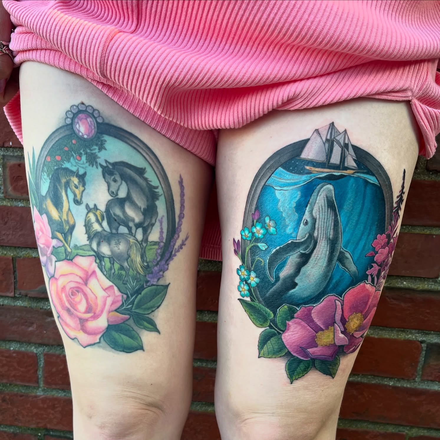 Whale and floral realism tattoo on the thigh by Jessica Brown