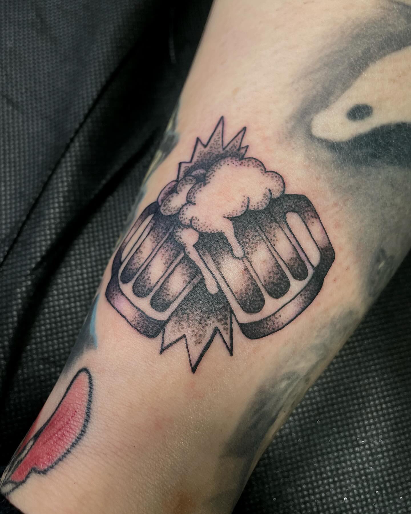 Beer mug dotwork tattoo on the forearm by ⊹ * . 𝕵az ⊹ * .