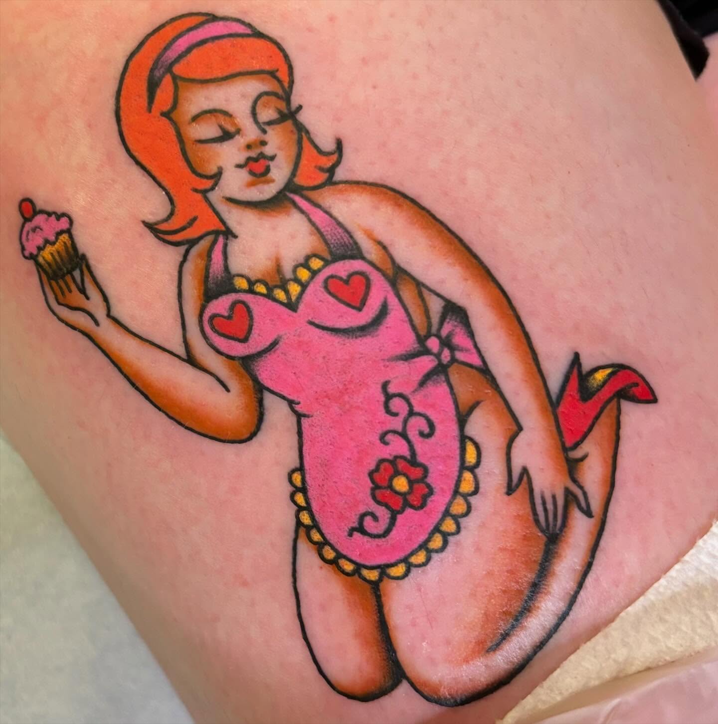 Mermaid American traditional tattoo on the thigh by Angie Isbell