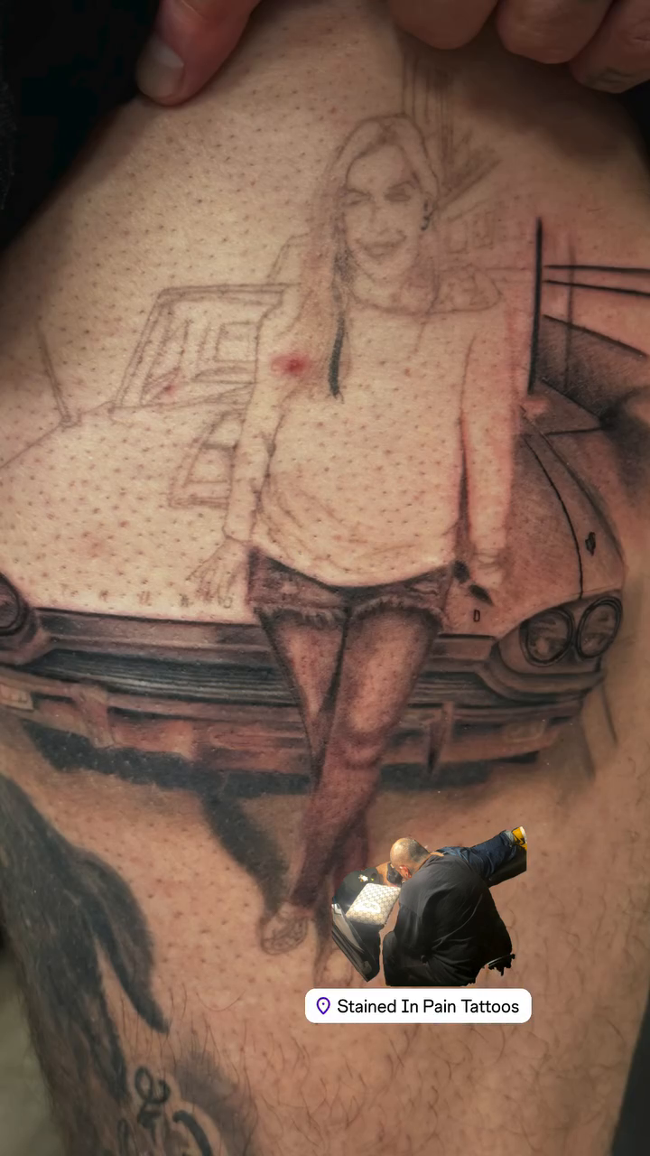 Woman and car realism tattoo by Juan c munoz jr, Chicago, Illinois