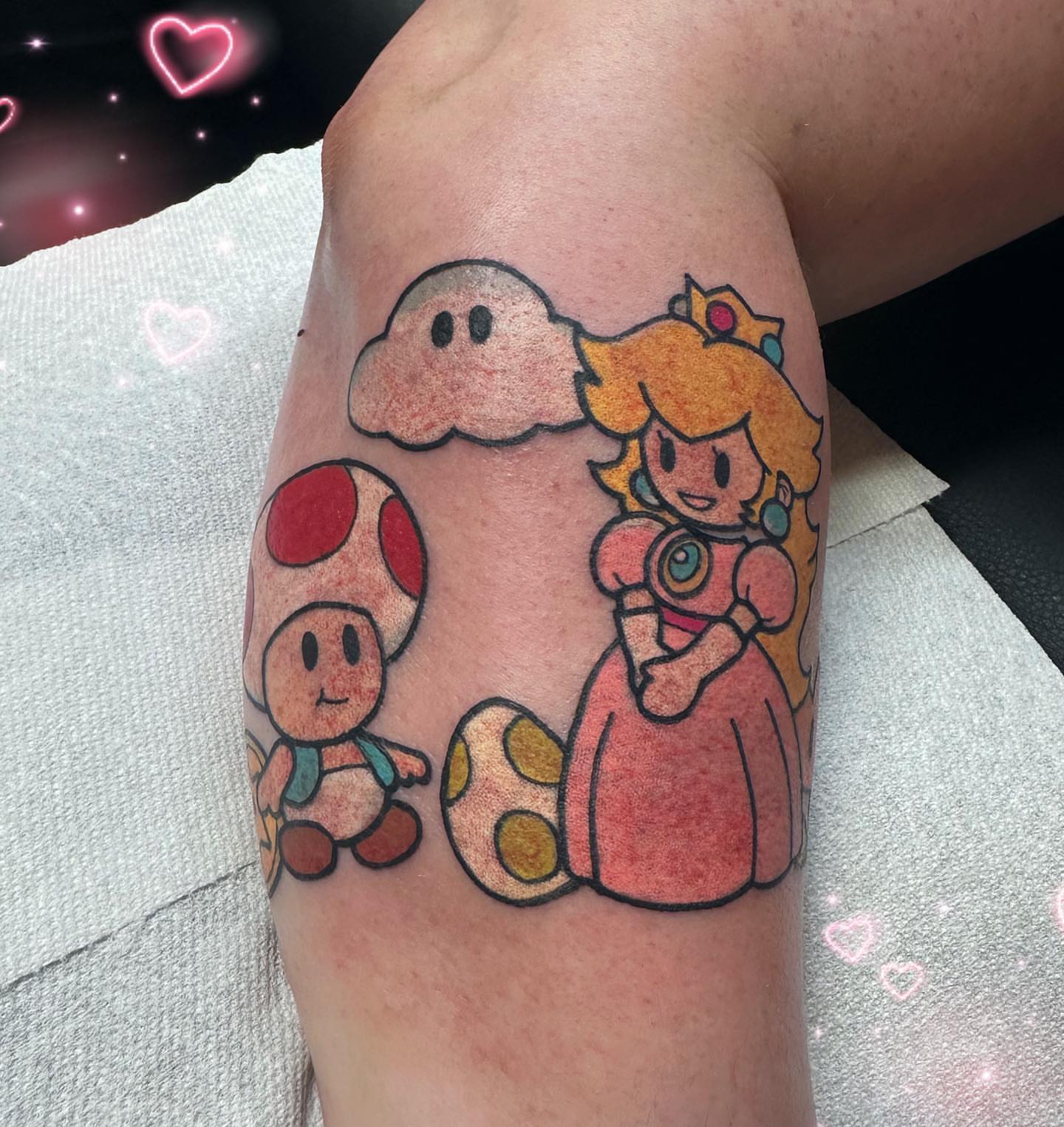 Princess Peach and Toad illustrative tattoo on the forearm by ♡ Demi ♡