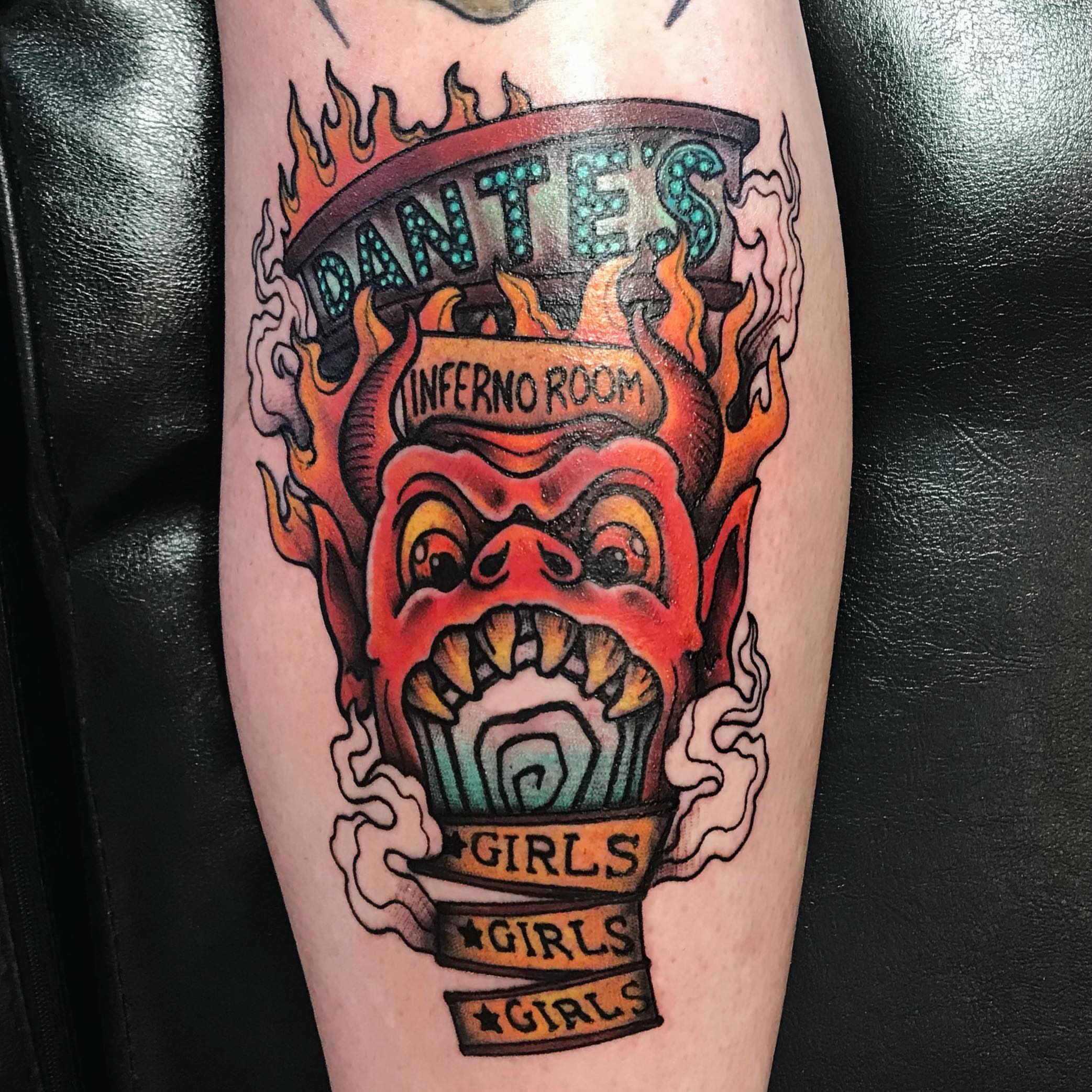 Demon face American traditional tattoo on the leg by Brookelyn