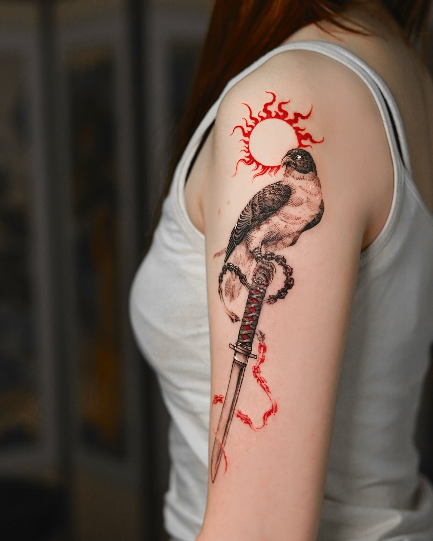 Bird and dagger realism tattoo on the forearm by ๐
๐๐๐