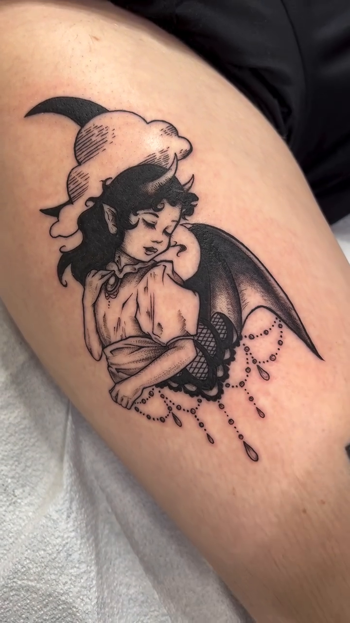 Tattoo by @blainoinsanotattoo — black_and_grey, dark_realism