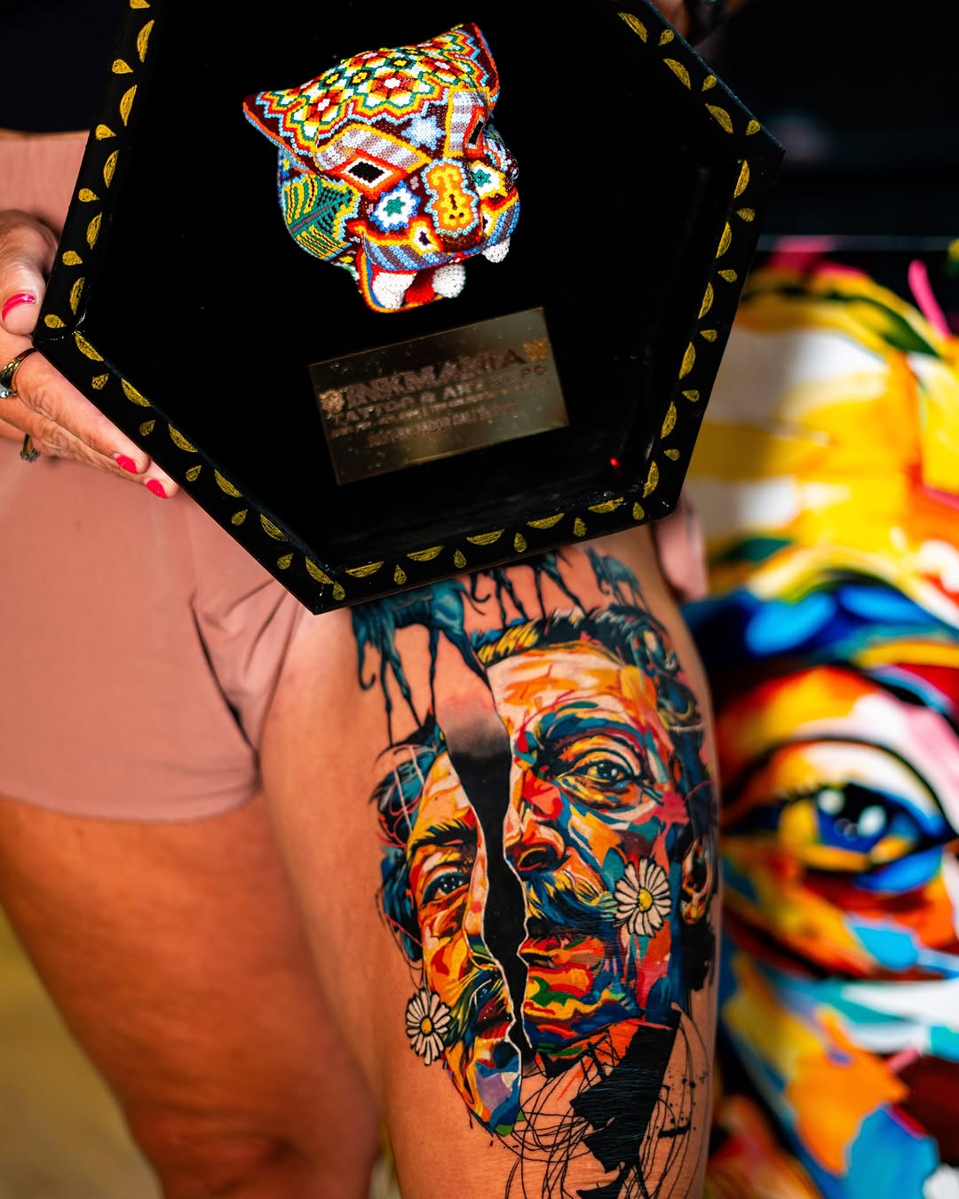 Portrait of a man watercolor tattoo on the thigh by Israel De Jesus Legonier Aguliera