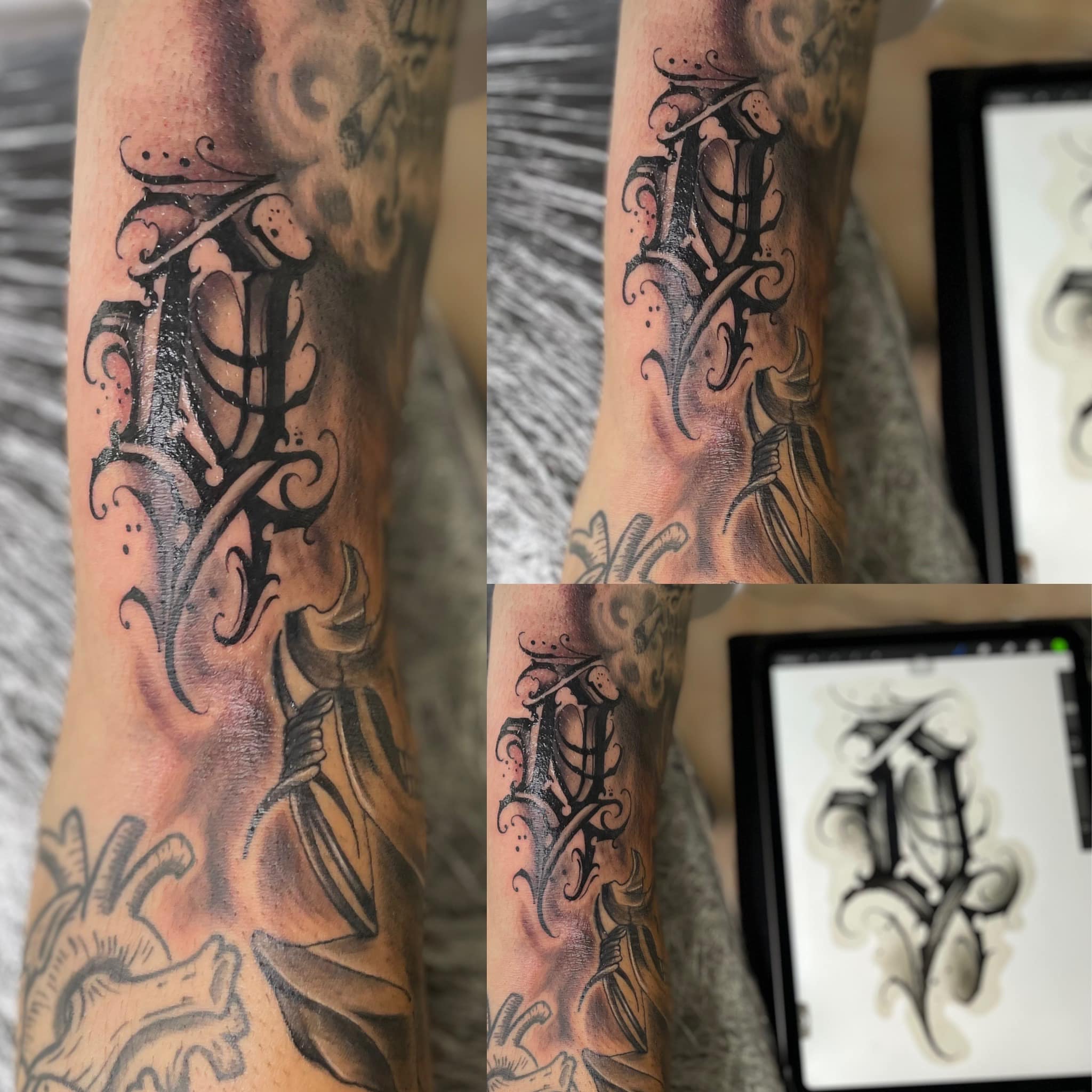 Letter 'L' black and grey tattoo on the forearm by Bryant Ramirez