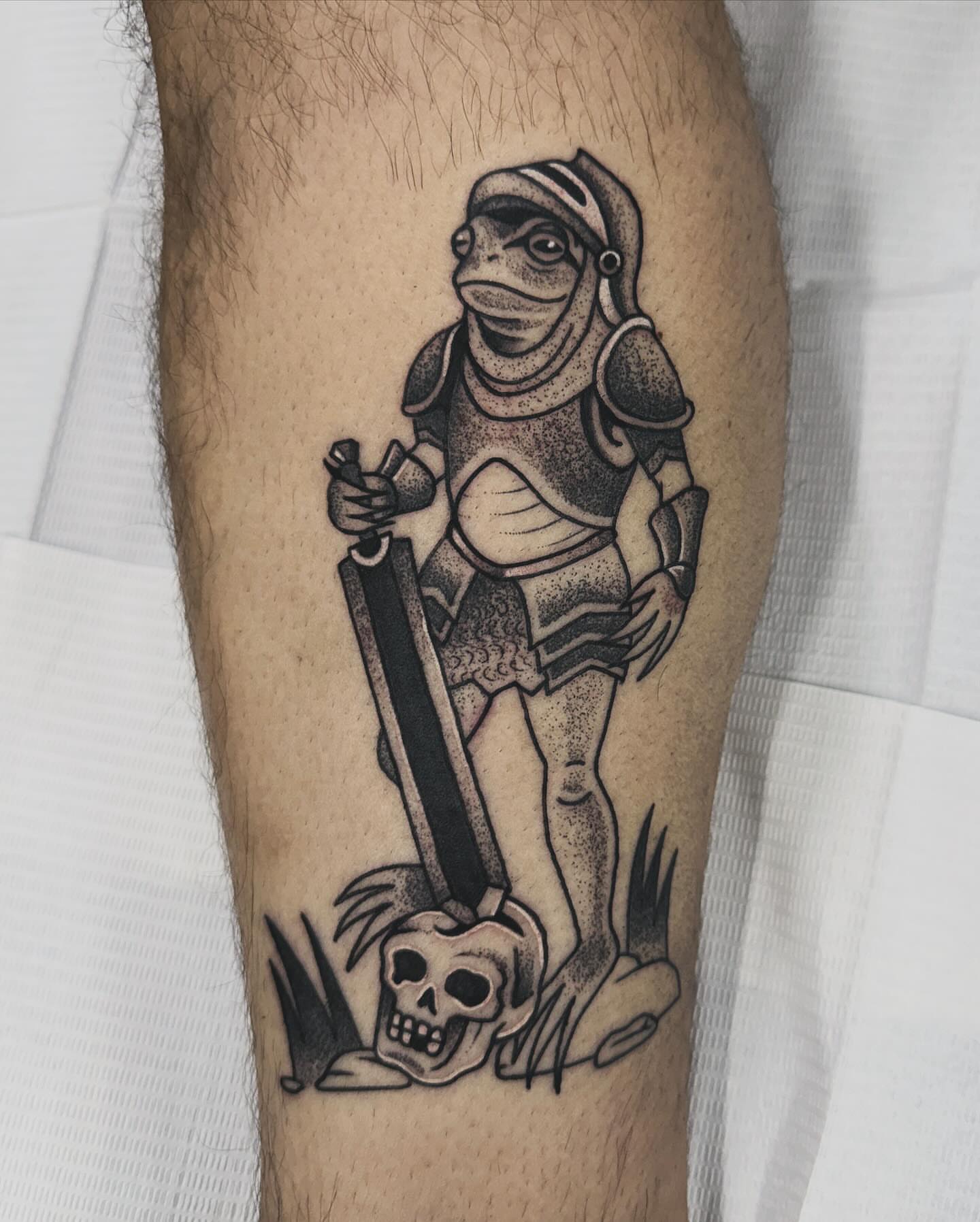 Frog knight dotwork tattoo on the forearm by Sierra Hiddleson- Phoenix Arizona Tattoo