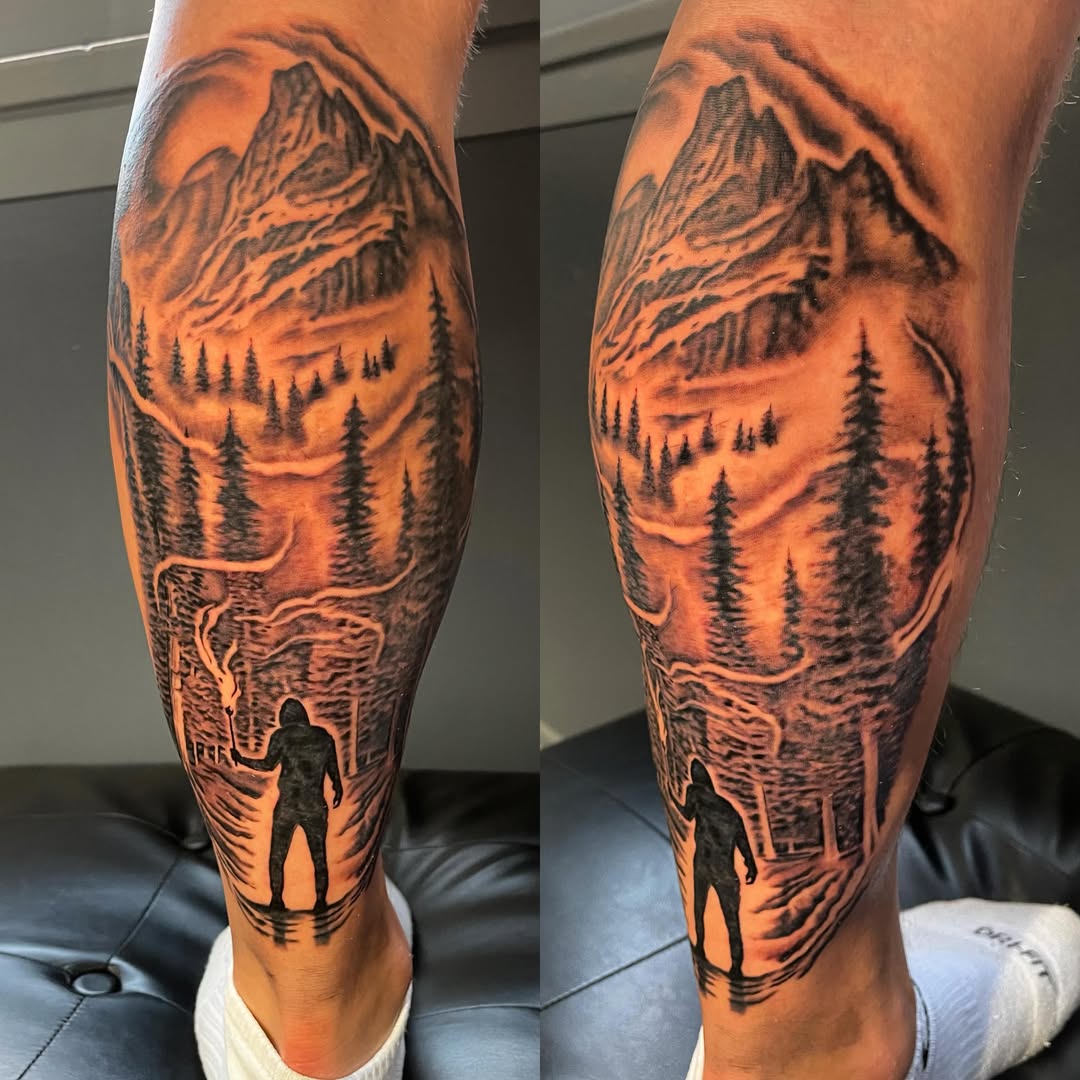 Mountain landscape realism tattoo on the calf by Ohio Realism Tattoo Artist