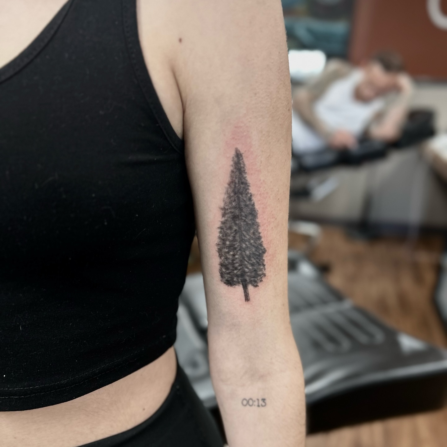 Pine tree black and grey tattoo on the forearm by Brittany Brutal