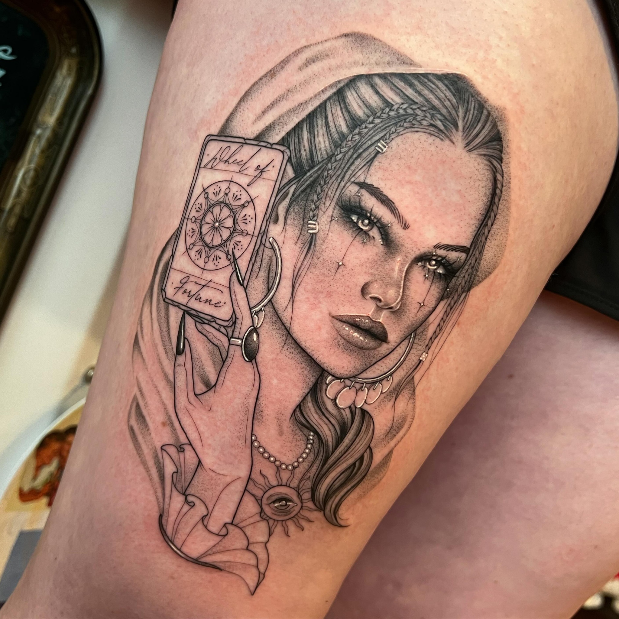 Woman with tarot card realism tattoo on the thigh by ✨ Jaden Belle Tattoos ✨
