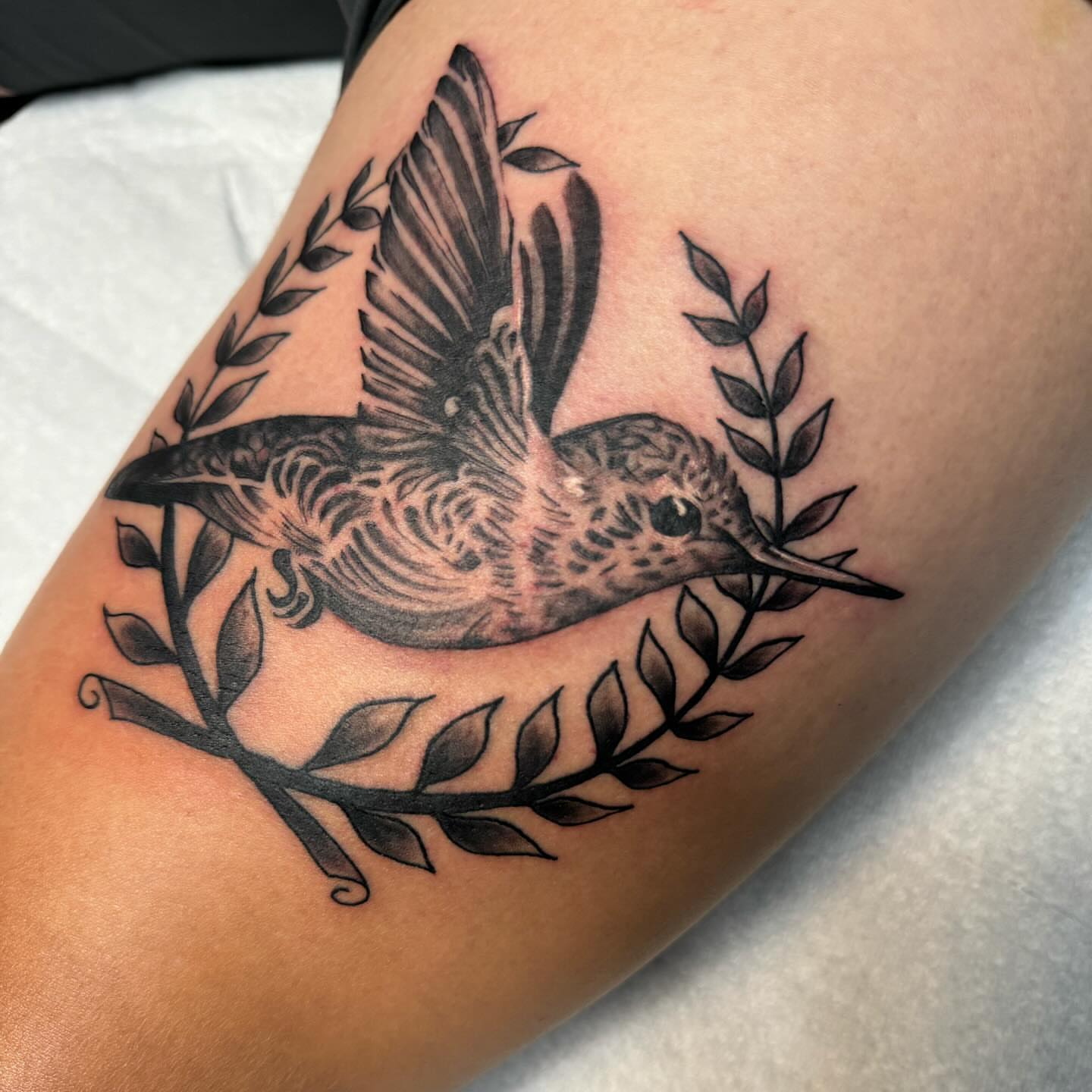 Hummingbird black and grey tattoo on the forearm by Anthony Pichardo 🦇