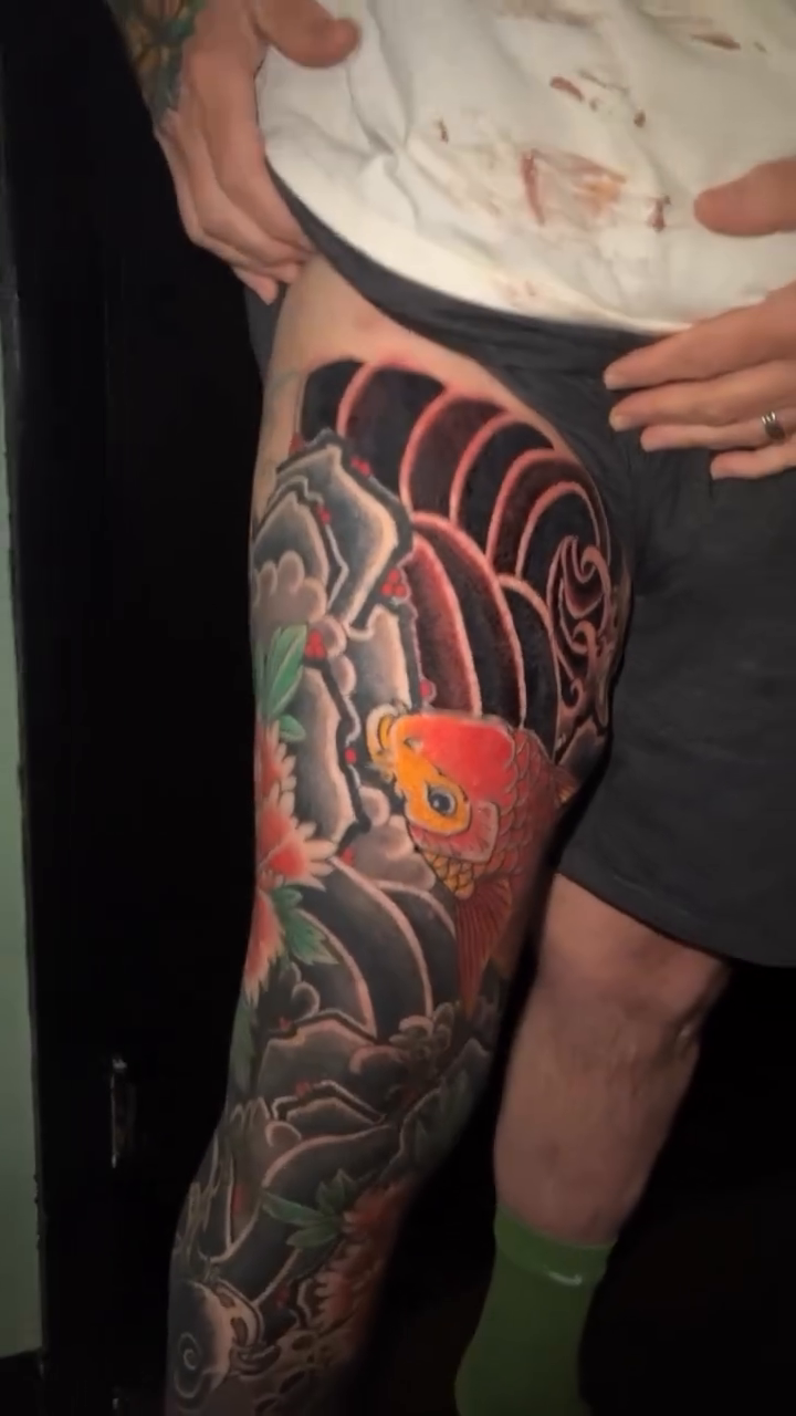 Koi fish and peonies japanese irezumi tattoo by Brad Hill, Franklin, Tennessee