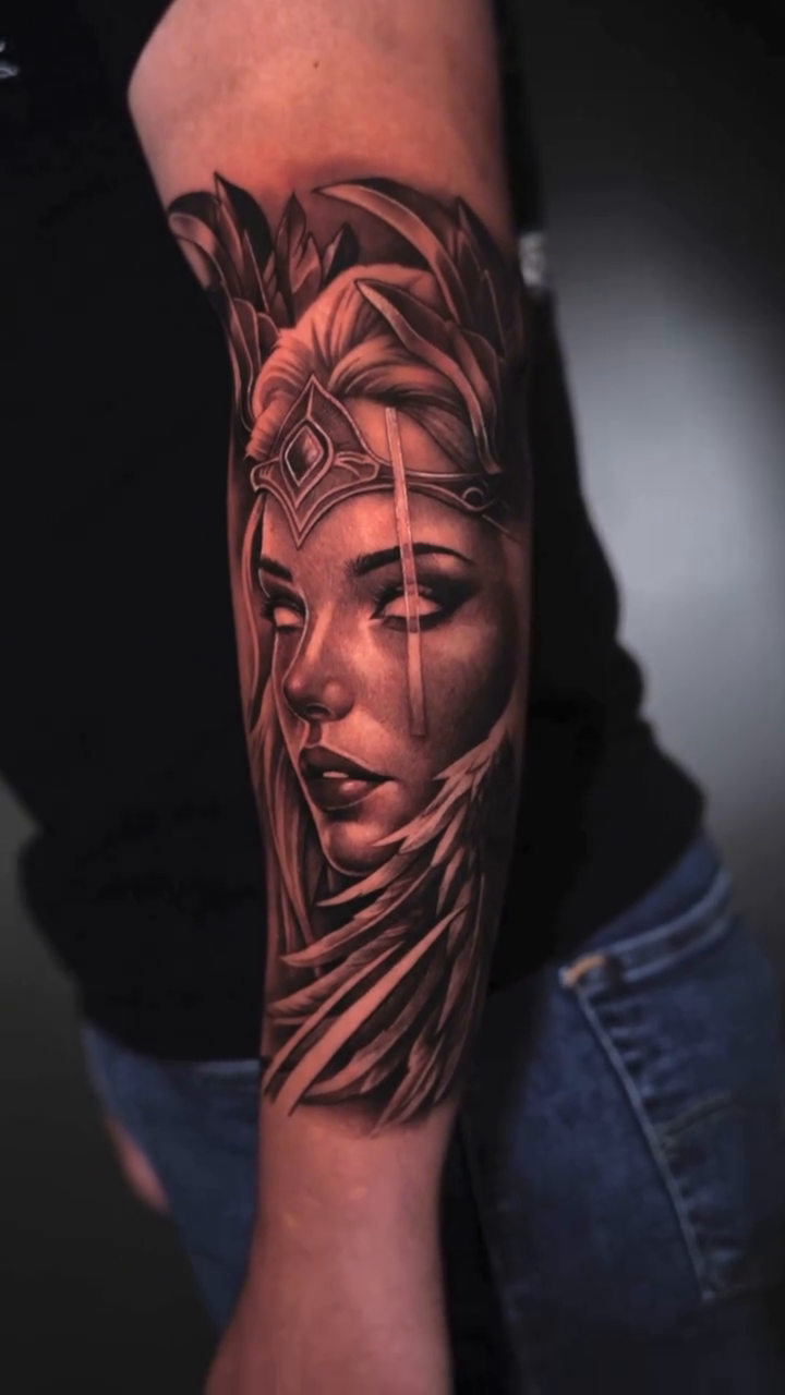 Woman's portrait with ornate headdress realism tattoo by Risa