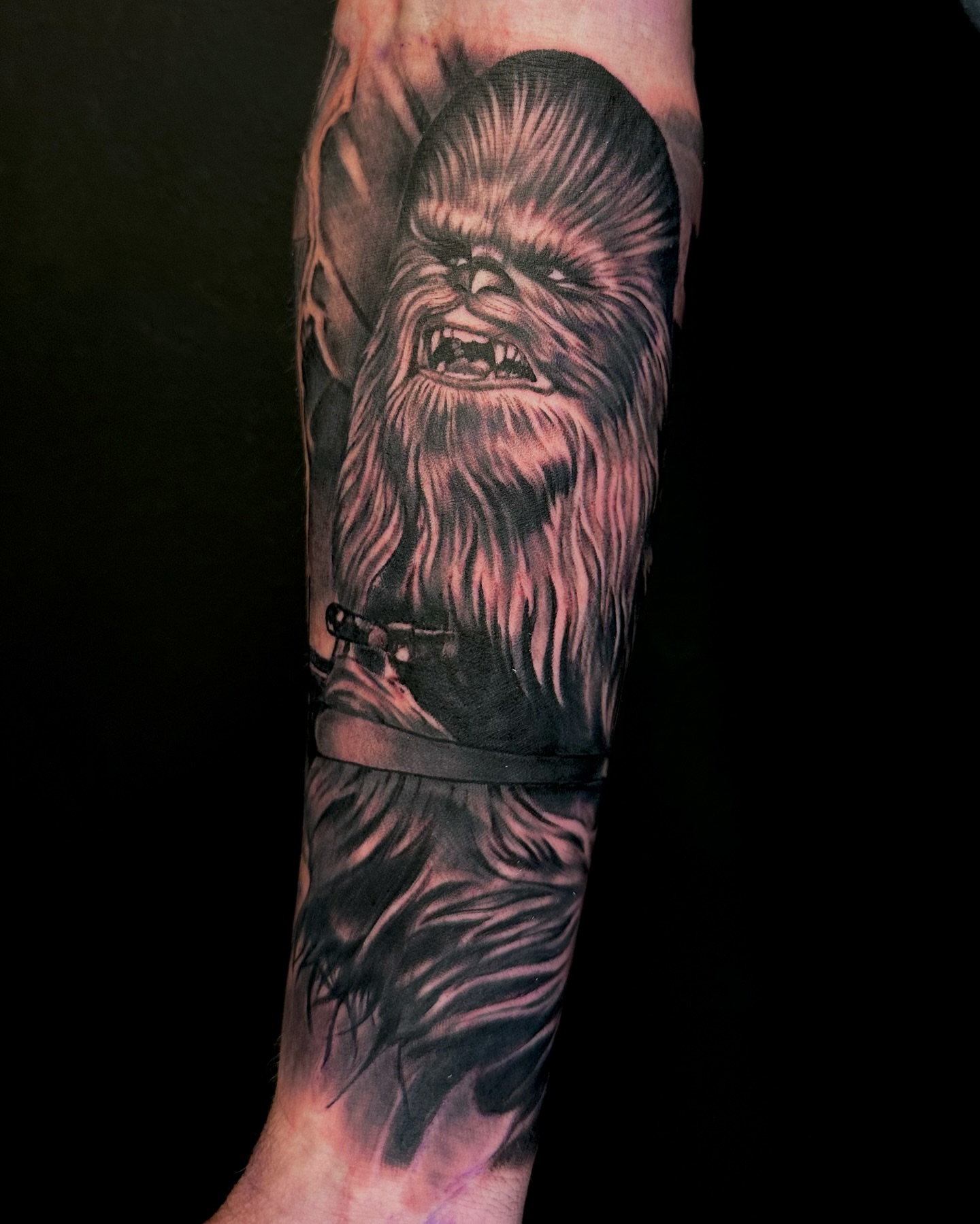 Chewbacca realism tattoo on the forearm by Alonzo Villa Tattoo