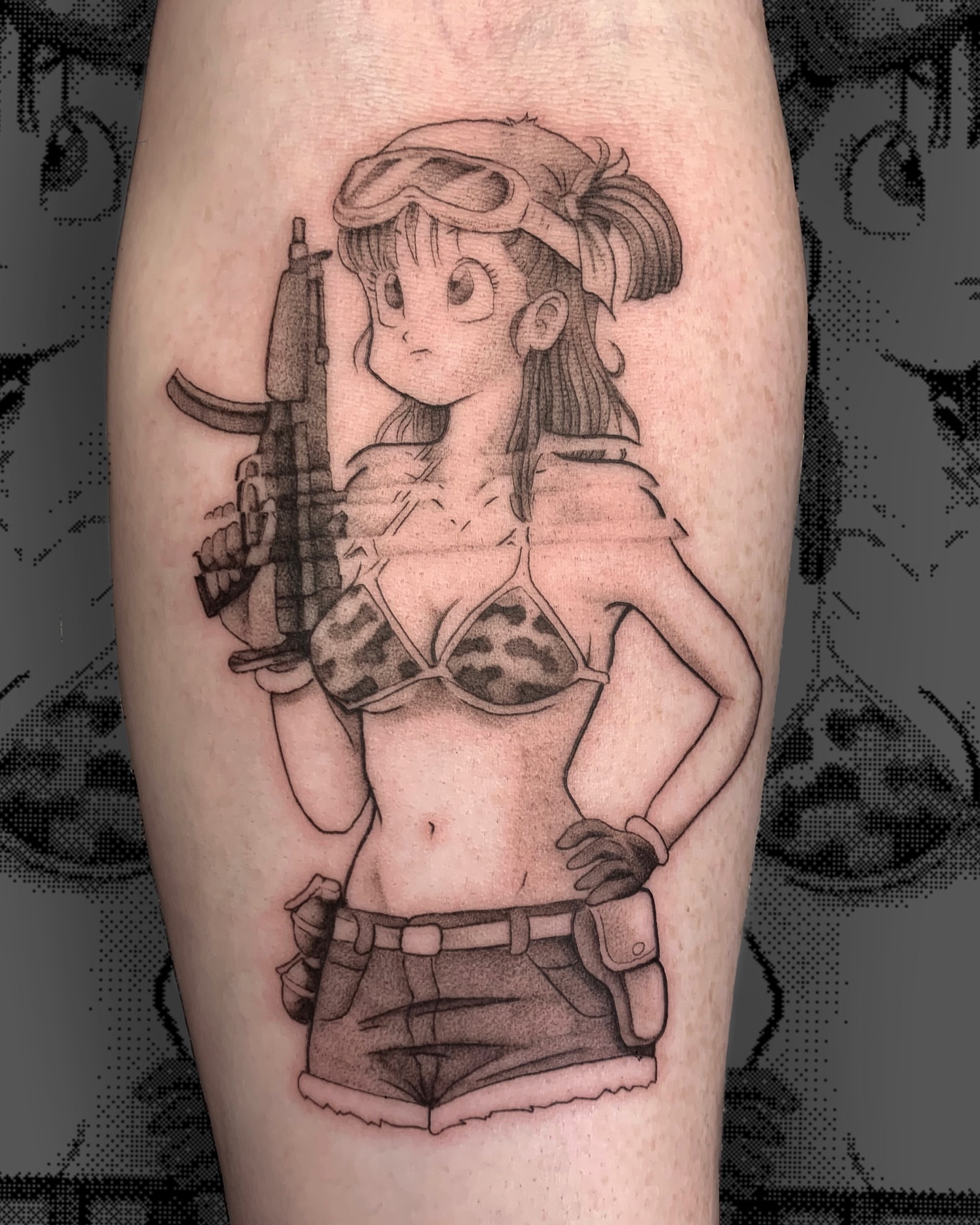 Anime character dotwork tattoo on the thigh by Sarah
