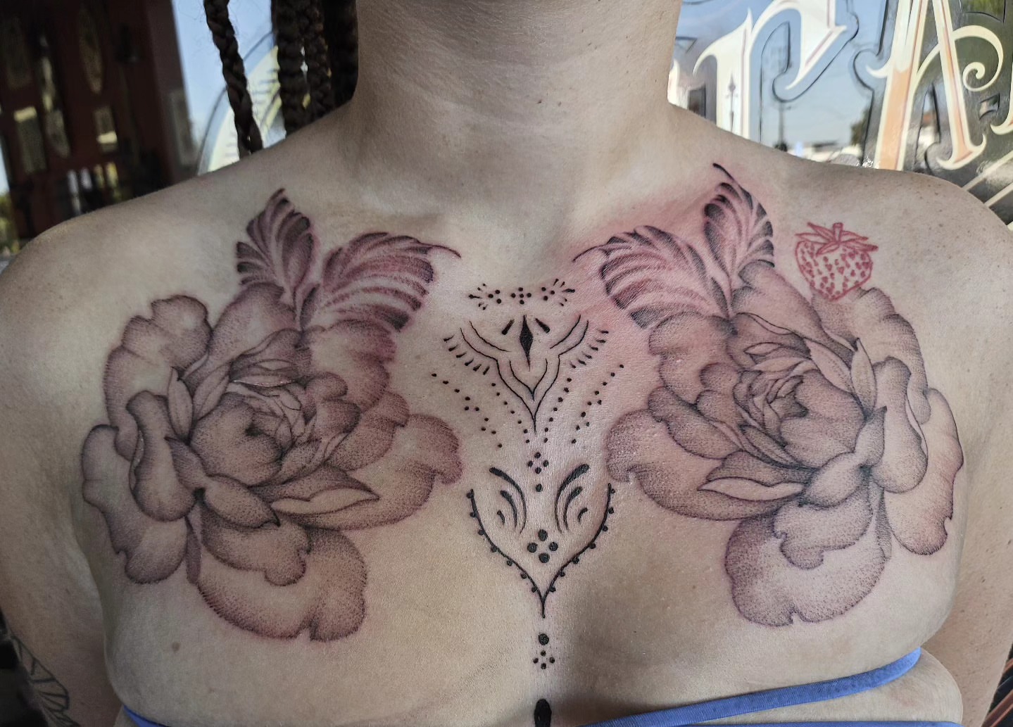 Peony flowers and geometric design dotwork tattoo on the chest by Gabrielle Esperanza ☽。⋆