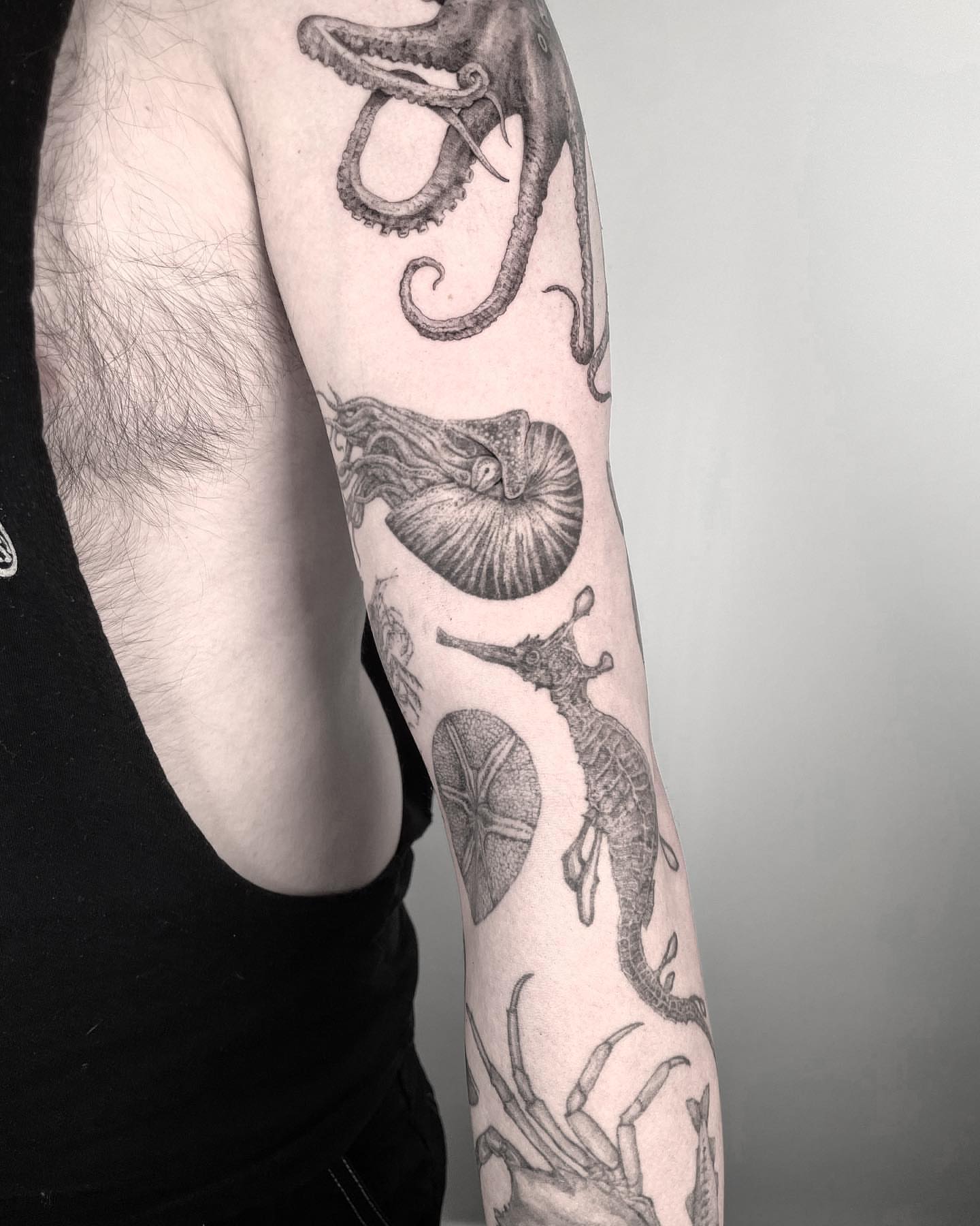 Marine life black and grey tattoo on the forearm by eugene k 🌈, San Francisco, California