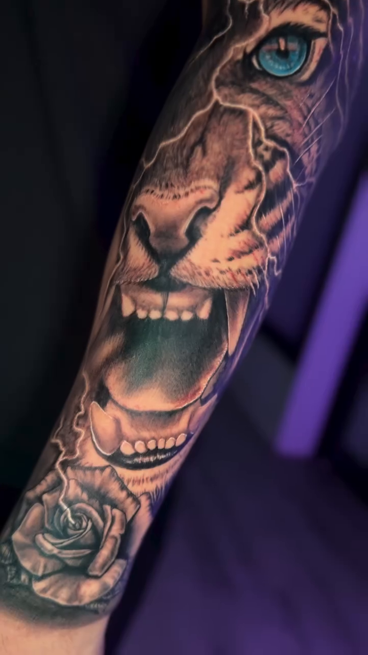 Tiger and rose realism tattoo by Katie Jones