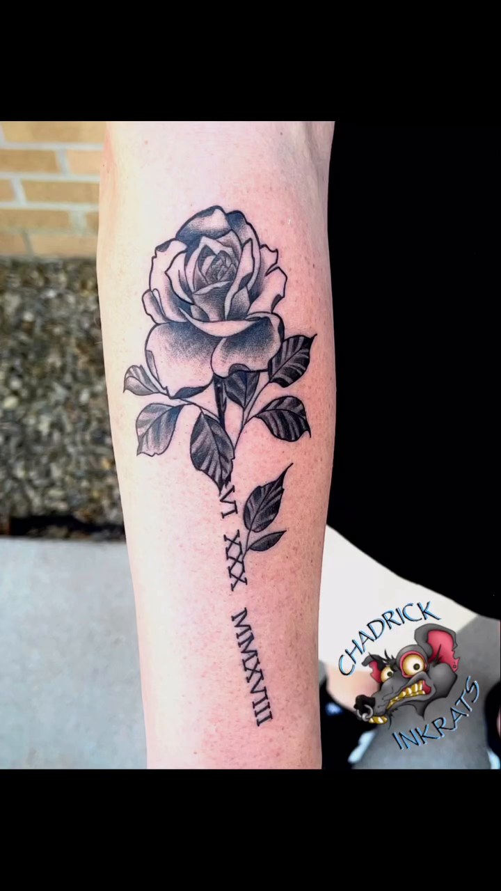 Rose with Roman numerals dotwork tattoo on the forearm by Chadrick Gregory