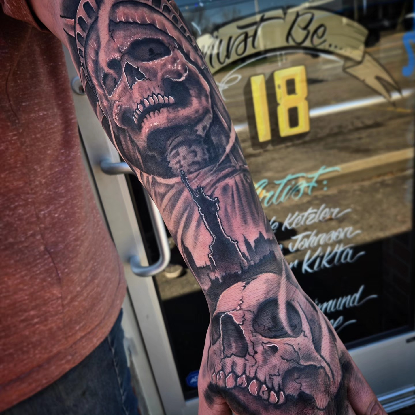 Skull realism tattoo on the forearm by David Johnson