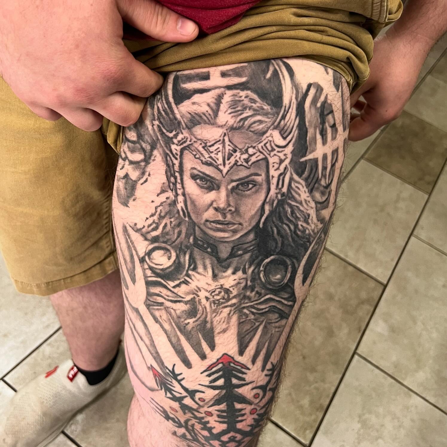 Thor realism tattoo on the thigh by Levi Cox, Powell, Ohio
