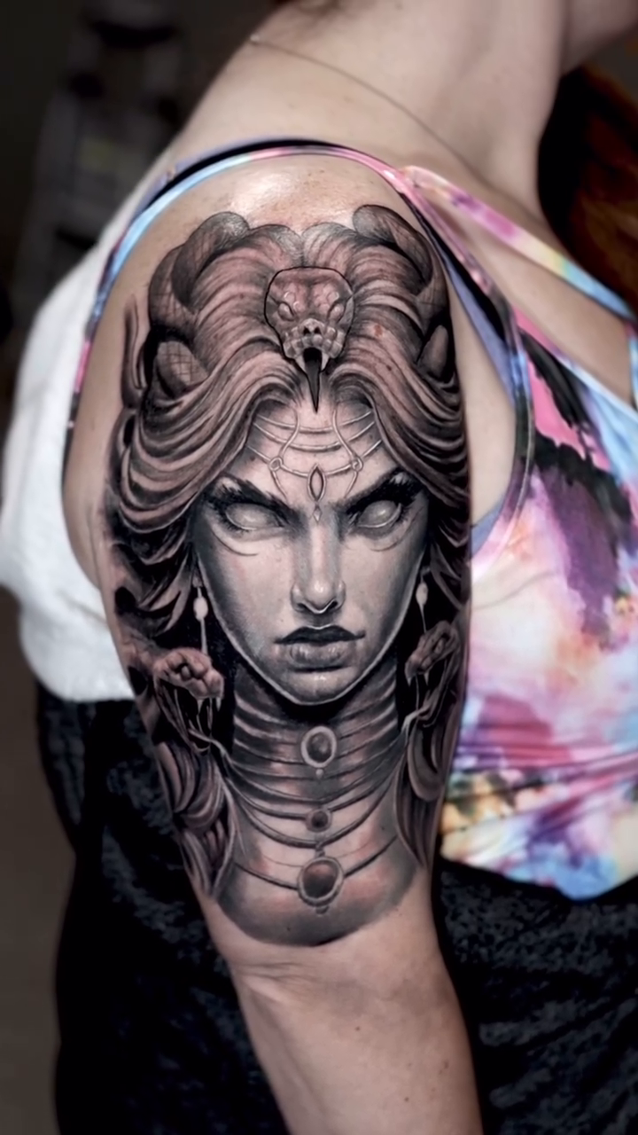 Medusa portrait realism tattoo by Luis Arenas