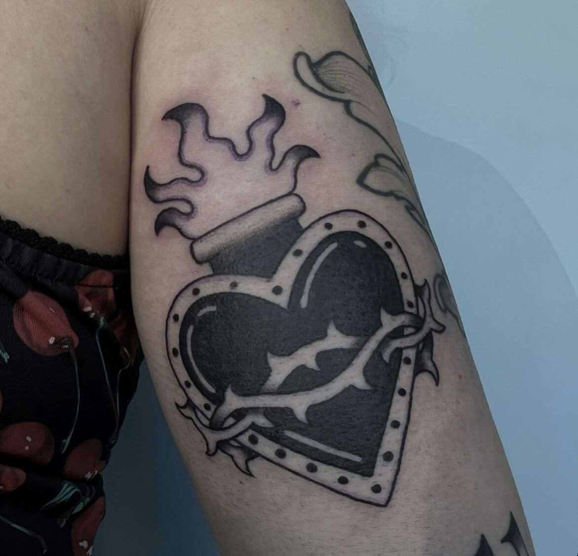 Heart with crown and thorns black and grey tattoo on the forearm by ✮KAT✮
