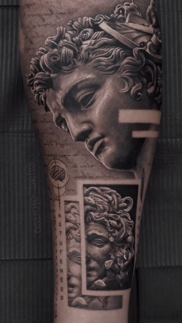 Classical sculpture bust realism tattoo by Jesus Alonso