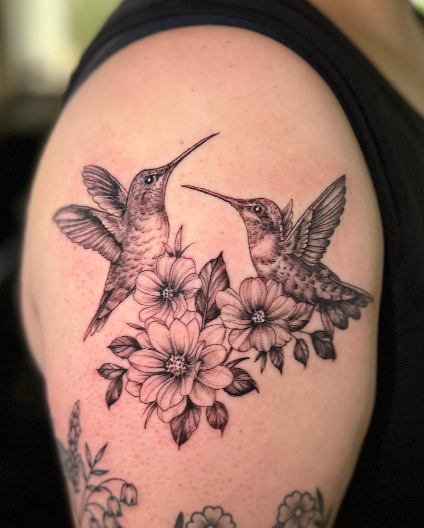 Hummingbirds and flowers black and grey tattoo on the shoulder by đź’›Kristinađź’› tattoos with intention, Minneapolis, Minnesota