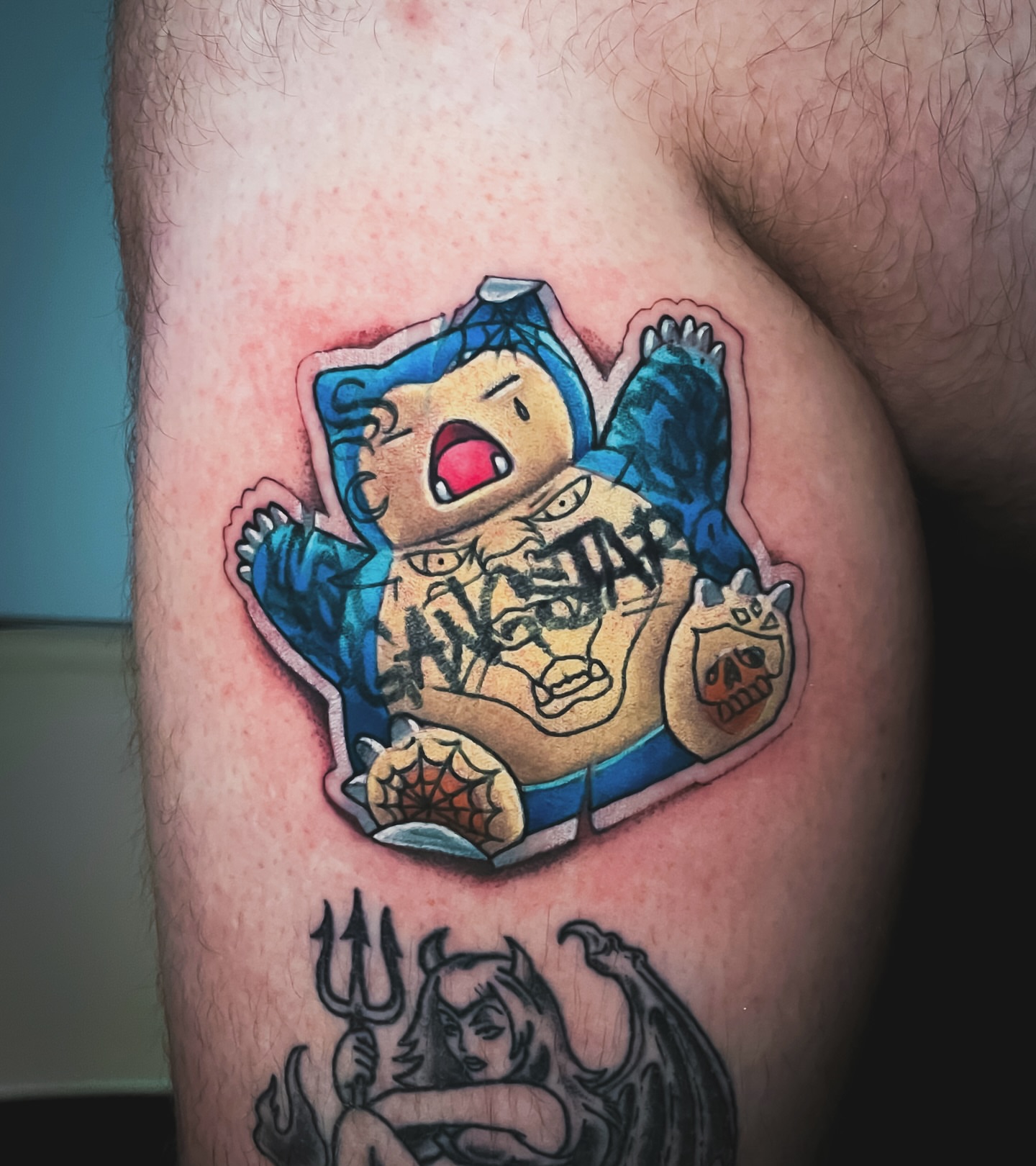 Child-like character dotwork tattoo on the thigh by Tattoo artist in Seattle, WA