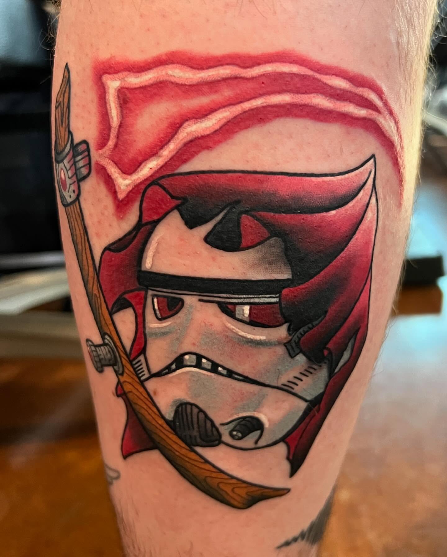 Stormtrooper helmet American traditional tattoo on the forearm by Dustin Quillen Tattoo Artist, Campbellsville, Kentucky