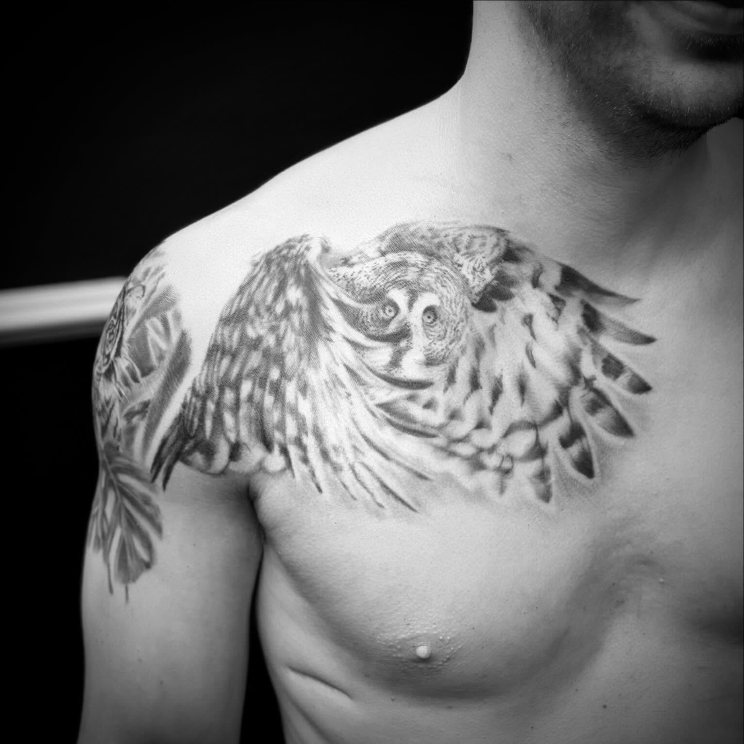 Owl realism tattoo on the chest by Kyle J. Bishop