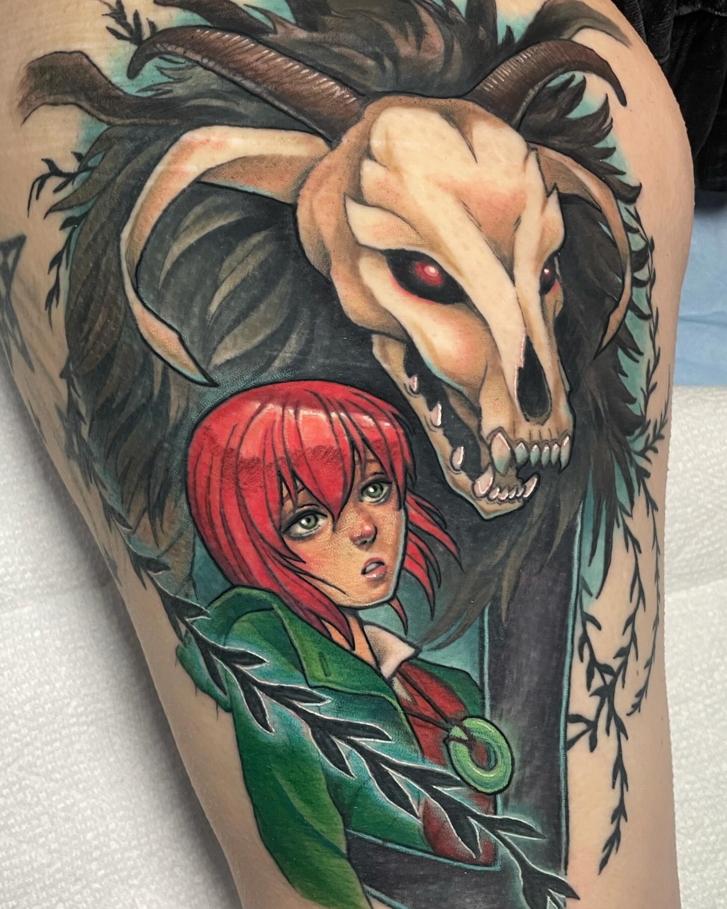 Demon and girl dark realism tattoo on the thigh by Leah Marie, Cincinnati
