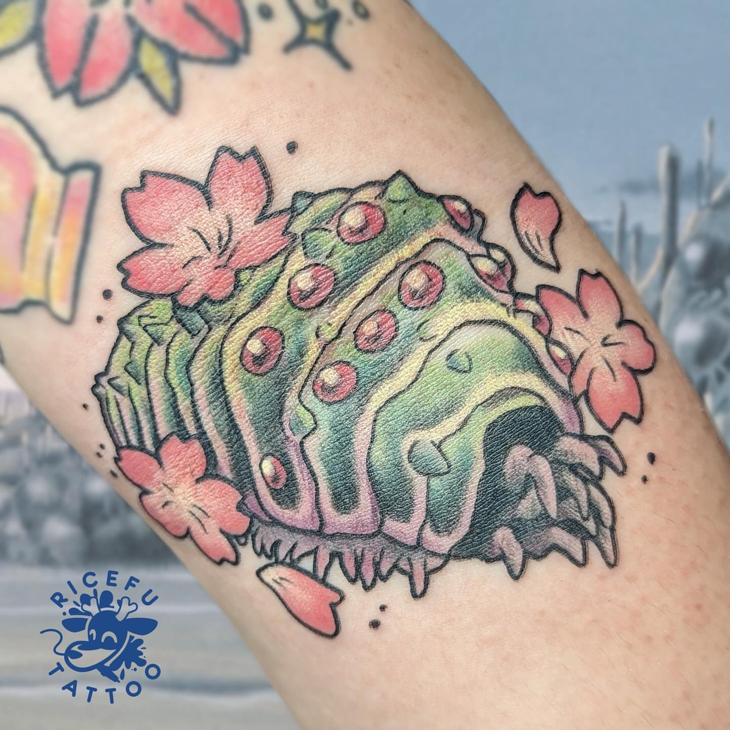 Cactus with flowers dotwork tattoo on the forearm by Ricefu Art & Tattoo