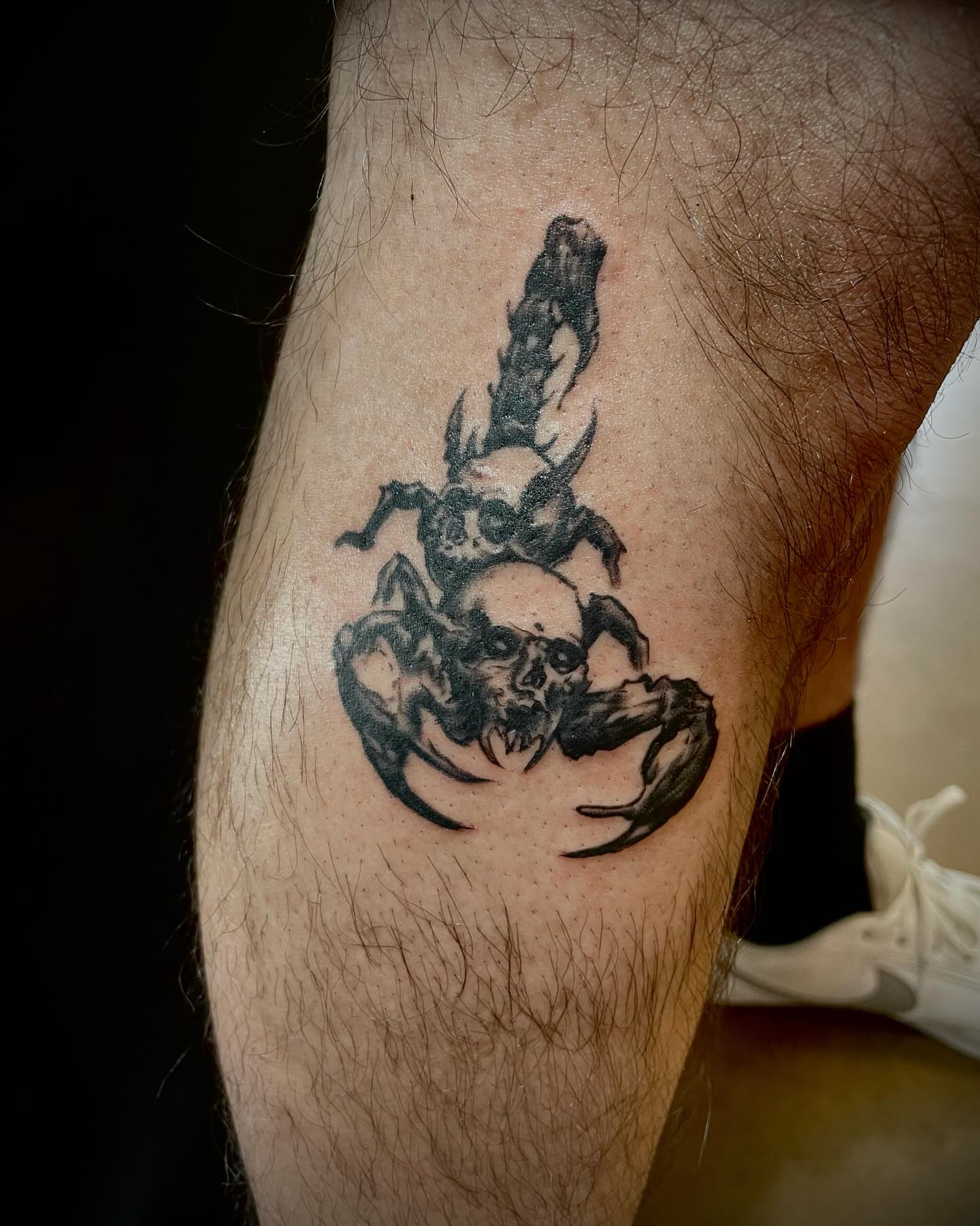 Scorpion and skull dark realism tattoo on the forearm by Kaylee 🗡️