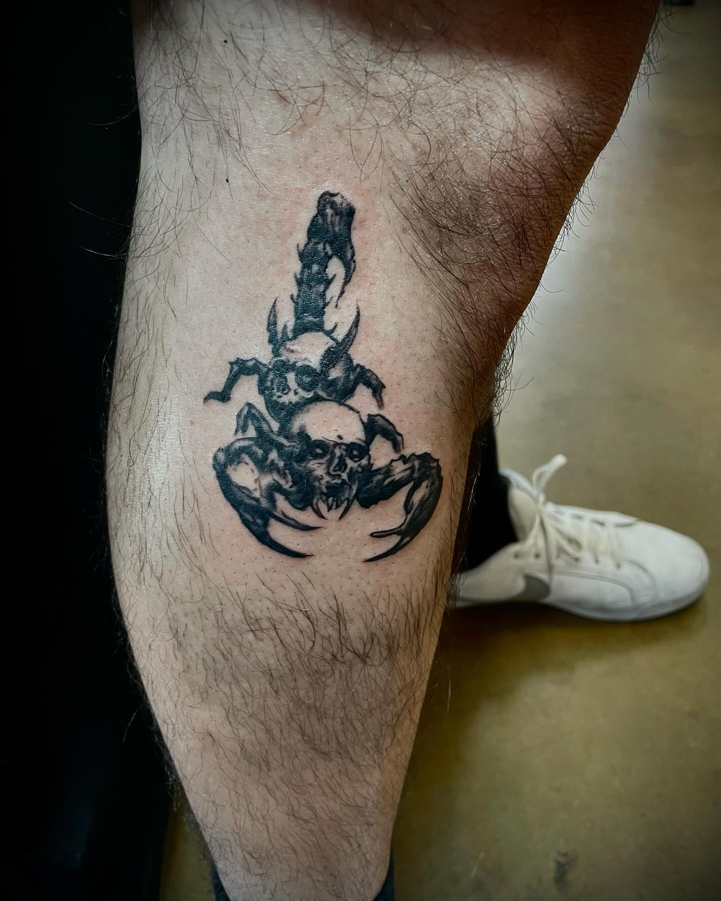 Scorpion black and grey tattoo on the forearm by Kaylee 🗡️